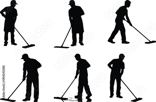 Dedicated male cleaners mopping wet floors, ensuring spotless results.