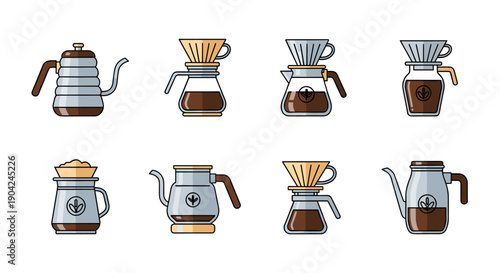 A collection of modern pour-over coffee makers and kettles, showcasing various designs and brewing methods for delicious beverages.
