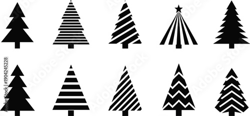 Christmas Tree Icon Set with Modern Minimal Silhouettes Featuring Geometric, Striped, and Decorative Pine Tree Shapes for Holiday and Winter Design Projects