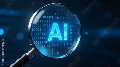 AI magnifying glass on binary code