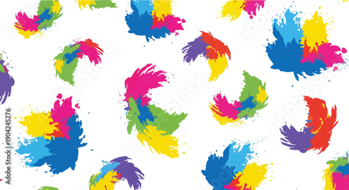 Vibrant Holi festival pattern with colorful brush strokes in pink, blue, green, yellow, and purple hues on a white background.