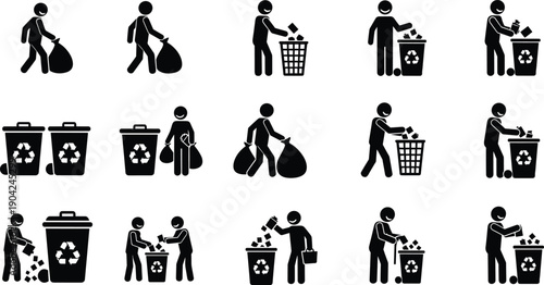 Large collection of recycling stick figure icons featuring people throwing garbage in bins and carrying trash bags for environmental waste management and sustainability.