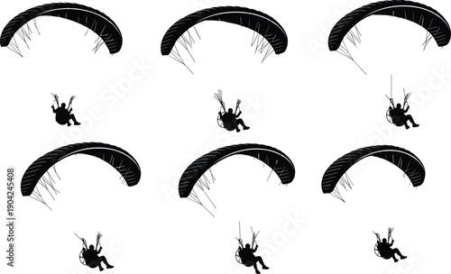 Large collection of paragliding and paramotoring silhouettes featuring pilots flying with parachutes for extreme sports adventure outdoor activities and powered paragliding flight concepts.