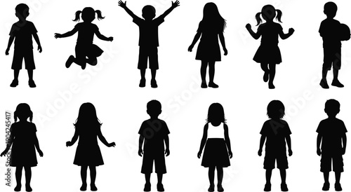 Large collection of happy children silhouettes featuring young boys and girls in various active poses like jumping standing and playing for childhood concepts.