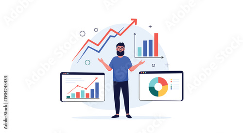 Expert data scientist presenting complex financial analysis and statistical growth charts through floating digital dashboards.