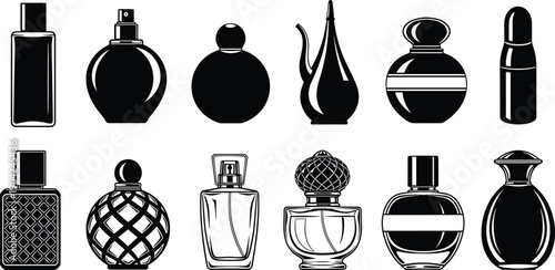 A large set of luxury perfume bottle vector illustrations featuring various elegant glass containers and sprayers for beauty fashion fragrance and cosmetic branding.