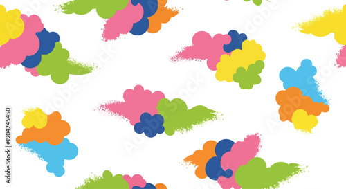 Vibrant Holi festival pattern with colorful powder splashes on a white background, creating a lively and festive vector design.