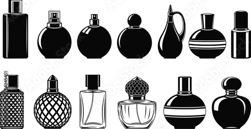 A large set of luxury perfume bottle vector illustrations featuring various elegant glass containers and sprayers for beauty fashion fragrance and cosmetic branding.