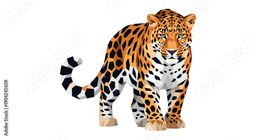 A majestic and powerful jaguar, rendered in a striking low poly vector art style, stands proudly against a clean white background.