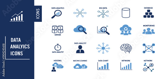 Data Analytics and Big Data Line Icon Set with Database, Cloud Computing, Machine Learning, Network, Monitoring, and Visualization Symbols for Business, Web, App, and UI Design