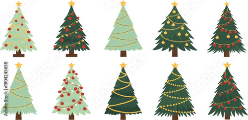 Decorated Christmas Tree Illustration Set Featuring Festive Pine Trees with Lights, Ornaments, Stars, and Holiday Decorations for Winter and Xmas Design Projects
