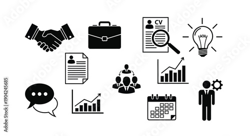 Business icons set including handshake briefcase cv lightbulb graph people calendar and communication symbols on white background for marketing planning and finance concepts