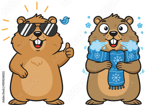 Cute Cartoon Groundhog Character Predicting Early Spring vs Six More Weeks of Winter