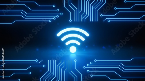 Blue neon wifi signal on circuit board