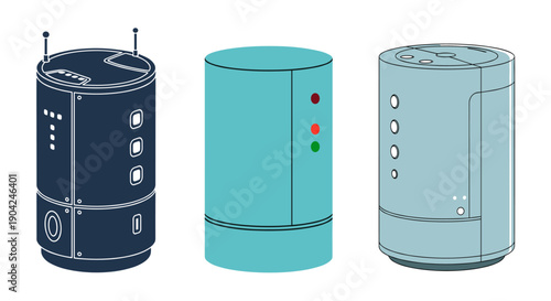 A trio of modern cylindrical robots, each with distinct designs and features, symbolizing advanced automation and smart technology.