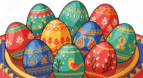 Collection of colorful intricately decorated Easter eggs in a basket festive holiday symbols for spring celebration and design elements isolated on white