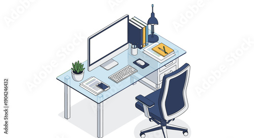 Modern isometric office workspace featuring large computer monitor, keyboard, ergonomic chair, and organized desk accessories.