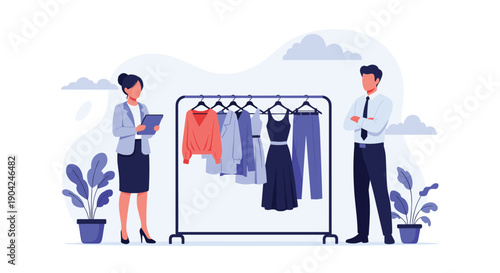 Fashion designer and manager reviewing latest apparel collection on clothing rack in professional boutique or studio setting.