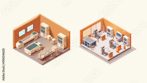 Isometric depiction of a modern science laboratory and a technology data center room