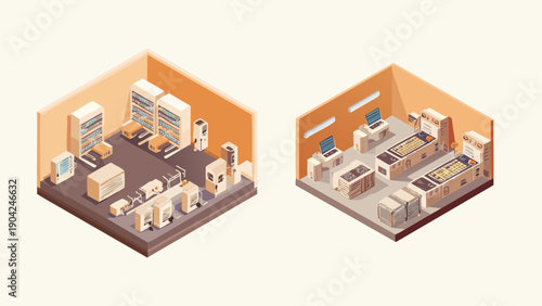 Two isometric rooms with technology and industrial equipment, showcasing modern machinery and digital interfaces