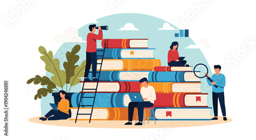 Group of small people exploring and climbing giant stack of books in concept of lifelong learning and education.