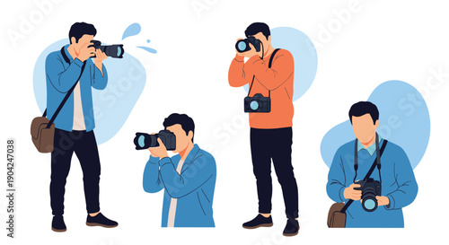 Set of professional male photographer character poses using various digital cameras and equipment for media production.