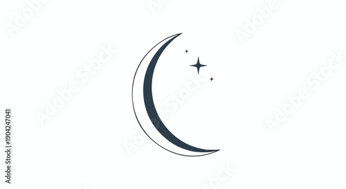 Minimalist Crescent Moon and Stars Line Art Vector Icon Isolated on White