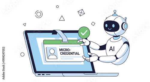 An artificial intelligence robot presents a micro-credential on a laptop screen, symbolizing digital learning and skill validation.