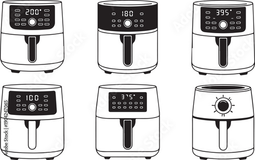 Air fryer vector icons set. kitchen appliance symbols, electric cooker designs