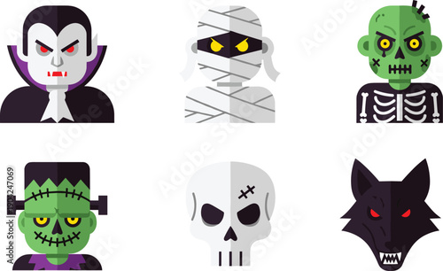 Cartoon vector illustration of classic Halloween characters including vampire, mummy, zombie, Frankenstein, skull, werewolf, spooky horror themed artwork design