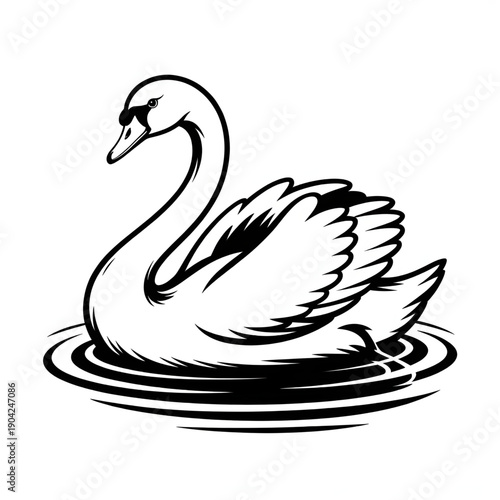 Black and White Swan Line Art Vector Illustration