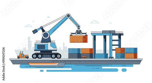 Modern port infrastructure with a large crane loading an orange shipping container onto a cargo ship, illustrating global trade and logistics.