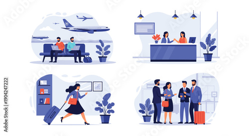 Diverse scenes of airport travel including passengers waiting with laptops and business people walking with their luggage bags.