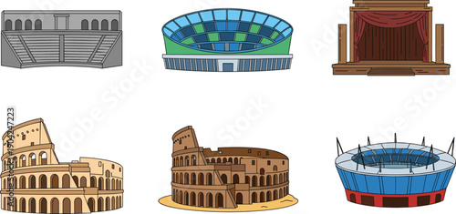 Collection of amphitheater and stadium vector illustrations, ancient Roman Colosseum and modern sports arenas showcasing diverse architectural styles and cultural entertainment themes