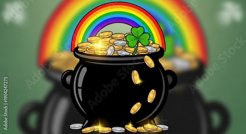 Pot of gold with rainbow and shamrock overflowing with coins symbolizing luck and St Patricks Day for festive designs