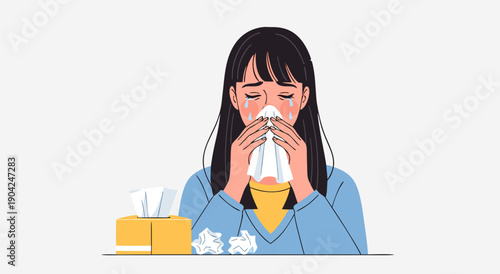 Sad Young Woman Crying and Blowing Her Nose with Tissues in a Vector Illustration