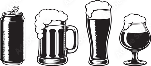 Beer glass, mug and can vector black objects set
