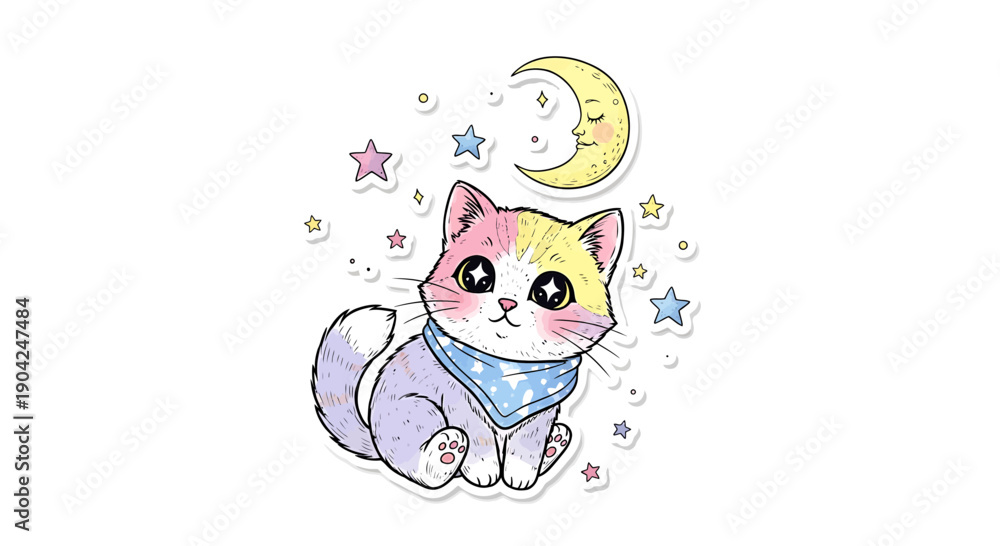 Fototapeta premium Cute Kawaii Cat with Moon and Stars, Pastel Sticker Style