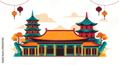 Traditional Chinese Pagoda Vector Illustration with Lanterns and Architecture