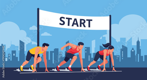 Three determined athletes in starting positions for a marathon race with a city skyline and start banner in the bright background.