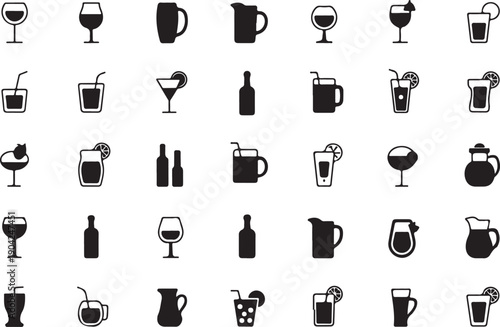 Beverage and glass element set, solid icon vector