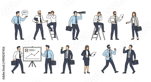 Collection of business professional characters in various poses such as presenting data and looking through binoculars for strategy.
