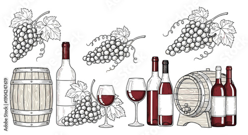 Elegant hand drawn sketches of wine bottles and barrels with bunches of grapes and filled glasses for vineyard and tasting themes.