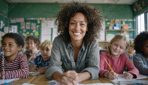 Smiling multiethnic female teacher with curly hair engaging with diverse elementary school students in a lively classroom environment