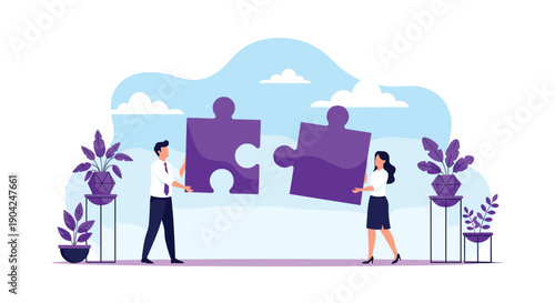 Man and woman working together to fit two large puzzle pieces into place representing collaboration and finding business solutions.