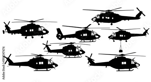 Multiple helicopter silhouettes in flight against a white background.