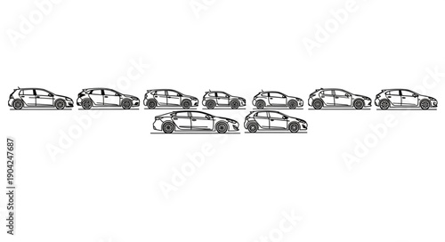 Multiple cars lined up in a row on a white background.
