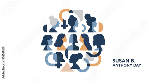 Illustration of Susan B. Anthony Day logo featuring diverse silhouettes and symbols for women's rights and equality on a clean white background.