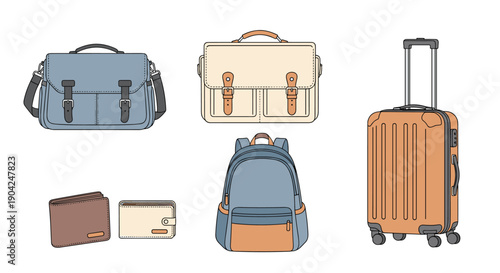 Assorted collection of travel bags including a suitcase and backpack with professional briefcases and leather wallets for storage.