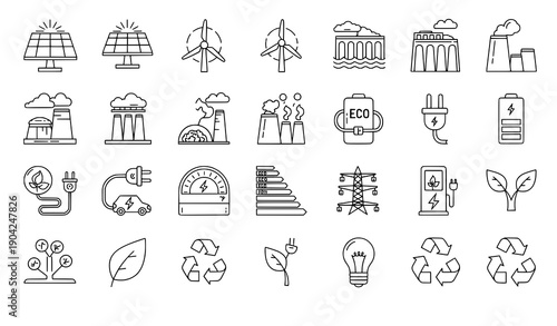 Renewable energy and green power outline icon set vector